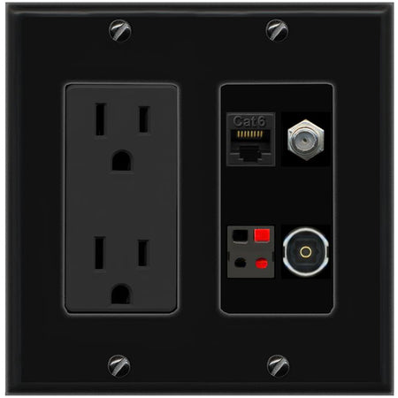 RiteAV CAT6 COAX SPEAKER TOSLINK Wall Plate with 15A Power Outlet [Black]