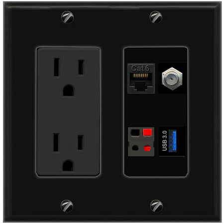 RiteAV CAT6 COAX SPEAKER USB-3 Wall Plate with 15A Power Outlet [Black]