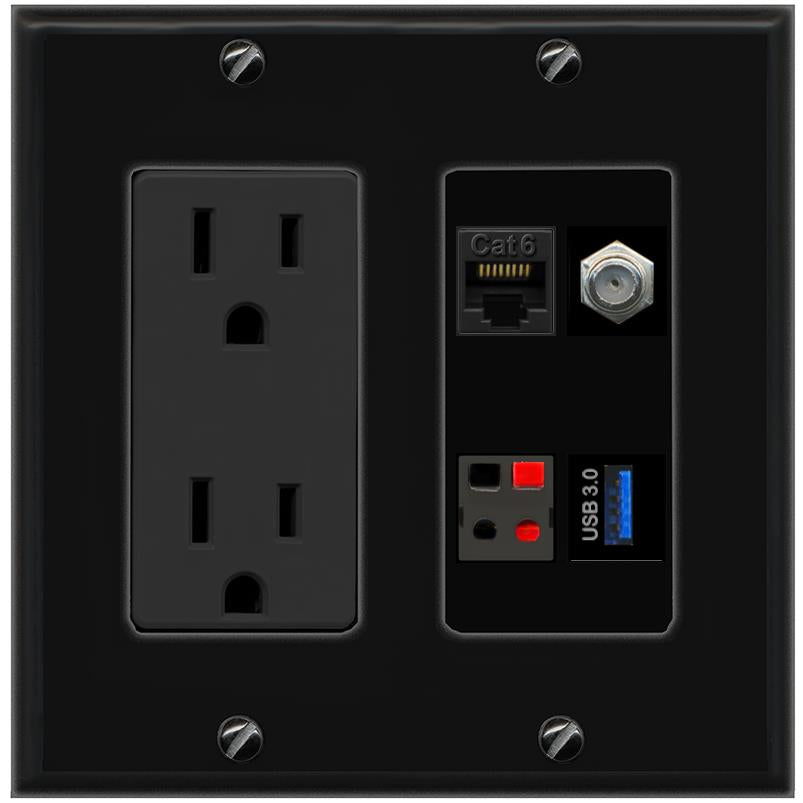 RiteAV CAT6 COAX SPEAKER USB-3 Wall Plate with 15A Power Outlet [Black]