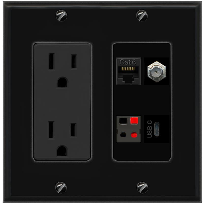 RiteAV CAT6 COAX SPEAKER USBC Wall Plate with 15A Power Outlet [Black]