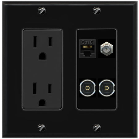 RiteAV CAT6 COAX 2 TOSLINK Wall Plate with 15A Power Outlet [Black]