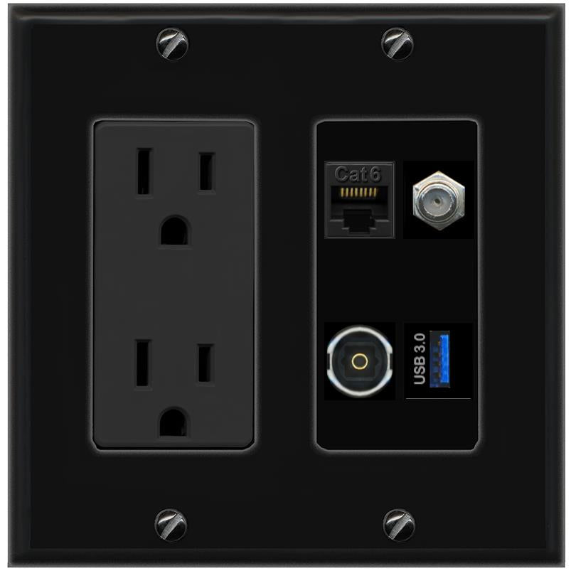 RiteAV CAT6 COAX TOSLINK USB-3 Wall Plate with 15A Power Outlet [Black]