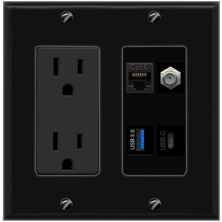 RiteAV CAT6 COAX USB-3 USBC Wall Plate with 15A Power Outlet [Black]