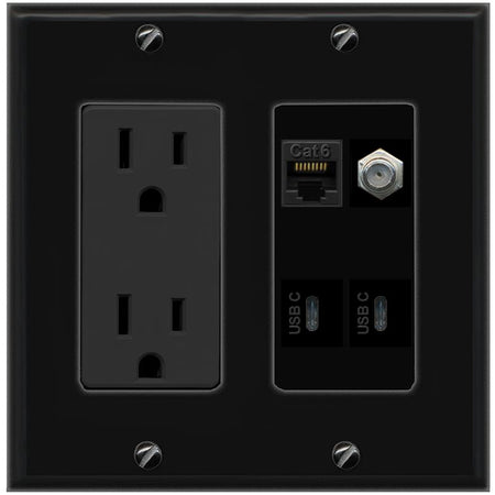 RiteAV CAT6 COAX 2 USBC Wall Plate with 15A Power Outlet [Black]