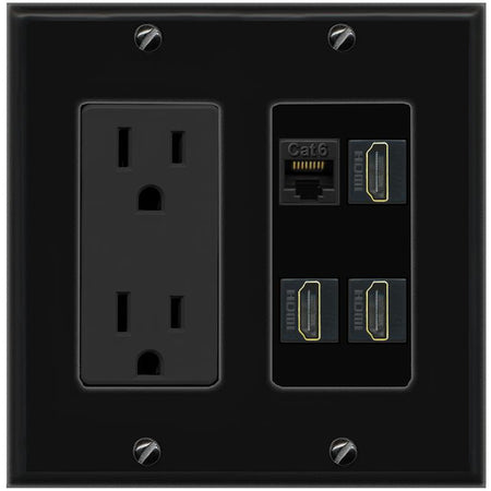 RiteAV CAT6 3 HDMI Wall Plate with 15A Power Outlet [Black]