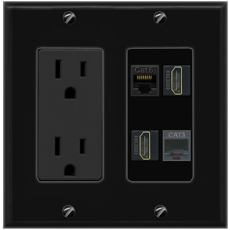 RiteAV CAT6 2 HDMI PHONE Wall Plate with 15A Power Outlet [Black]