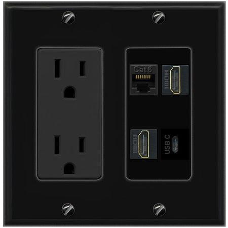 RiteAV CAT6 2 HDMI USBC Wall Plate with 15A Power Outlet [Black]