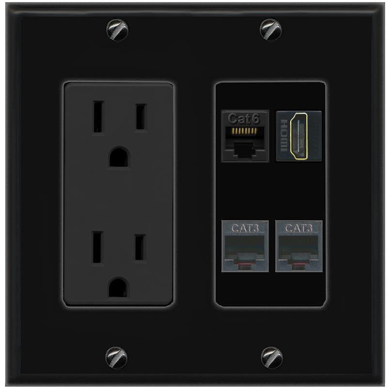 RiteAV CAT6 HDMI 2 PHONE Wall Plate with 15A Power Outlet [Black]