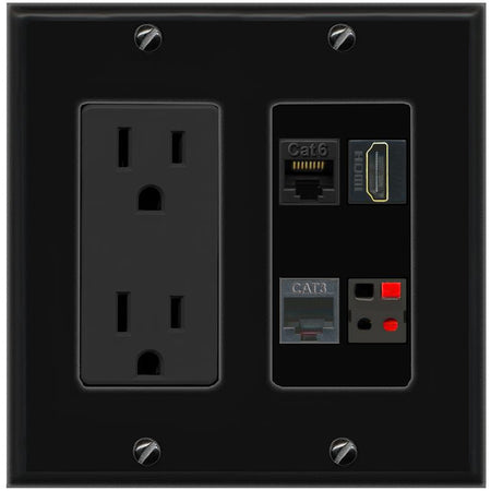 RiteAV CAT6 HDMI PHONE SPEAKER Wall Plate with 15A Power Outlet [Black]