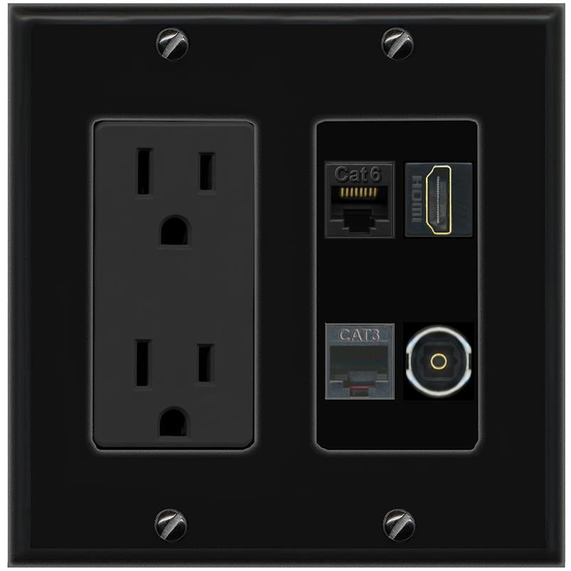 RiteAV CAT6 HDMI PHONE TOSLINK Wall Plate with 15A Power Outlet [Black]