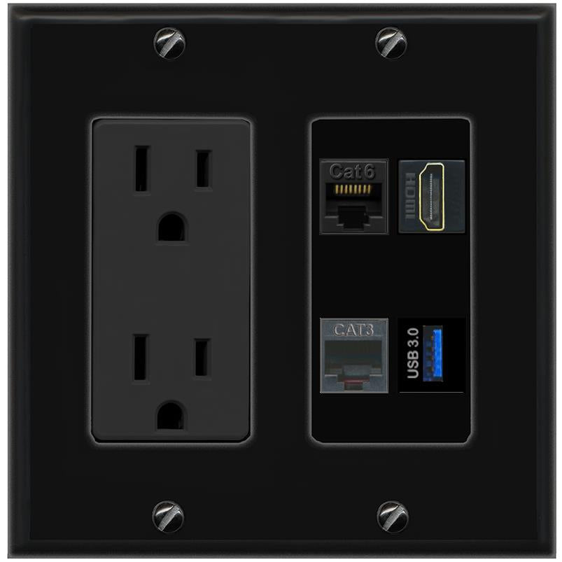 RiteAV CAT6 HDMI PHONE USB-3 Wall Plate with 15A Power Outlet [Black]