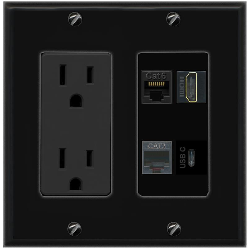 RiteAV CAT6 HDMI PHONE USBC Wall Plate with 15A Power Outlet [Black]