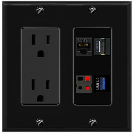 RiteAV CAT6 HDMI SPEAKER USB-3 Wall Plate with 15A Power Outlet [Black]