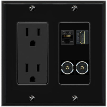 RiteAV CAT6 HDMI 2 TOSLINK Wall Plate with 15A Power Outlet [Black]