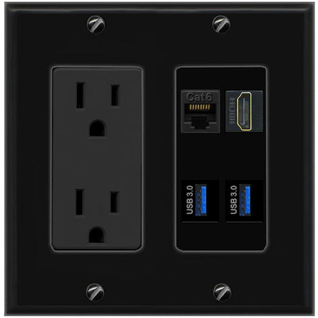 RiteAV CAT6 HDMI 2 USB-3 Wall Plate with 15A Power Outlet [Black]