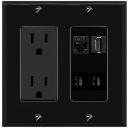 RiteAV CAT6 HDMI 2 USBC Wall Plate with 15A Power Outlet [Black]