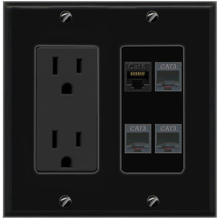 RiteAV CAT6 3 PHONE Wall Plate with 15A Power Outlet [Black]