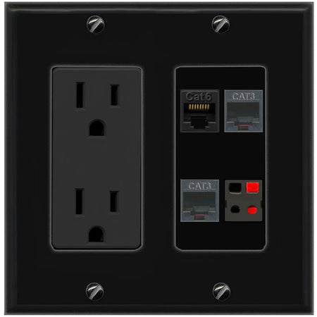 RiteAV CAT6 2 PHONE SPEAKER Wall Plate with 15A Power Outlet [Black]