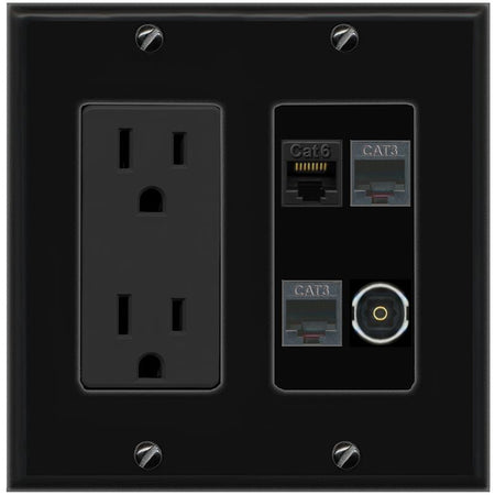 RiteAV CAT6 2 PHONE TOSLINK Wall Plate with 15A Power Outlet [Black]