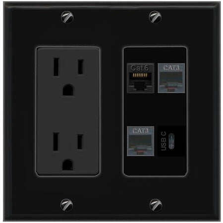 RiteAV CAT6 2 PHONE USBC Wall Plate with 15A Power Outlet [Black]
