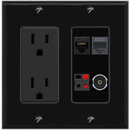 RiteAV CAT6 PHONE SPEAKER TOSLINK Wall Plate with 15A Power Outlet [Black]