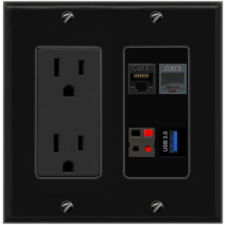 RiteAV CAT6 PHONE SPEAKER USB-3 Wall Plate with 15A Power Outlet [Black]