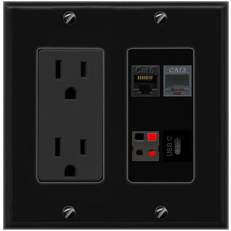 RiteAV CAT6 PHONE SPEAKER USBC Wall Plate with 15A Power Outlet [Black]
