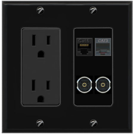 RiteAV CAT6 PHONE 2 TOSLINK Wall Plate with 15A Power Outlet [Black]