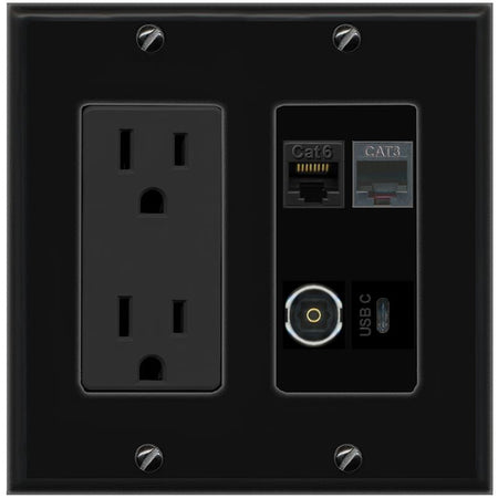 RiteAV CAT6 PHONE TOSLINK USBC Wall Plate with 15A Power Outlet [Black]