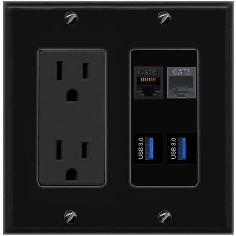 RiteAV CAT6 PHONE 2 USB-3 Wall Plate with 15A Power Outlet [Black]