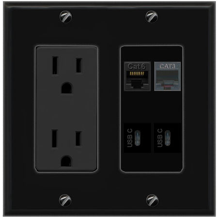 RiteAV CAT6 PHONE 2 USBC Wall Plate with 15A Power Outlet [Black]