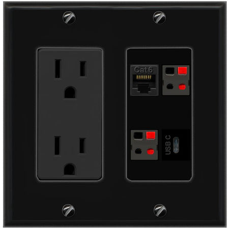 RiteAV CAT6 2 SPEAKER USBC Wall Plate with 15A Power Outlet [Black]