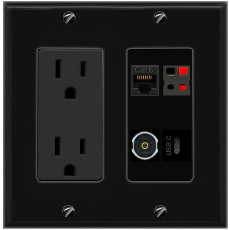 RiteAV CAT6 SPEAKER TOSLINK USBC Wall Plate with 15A Power Outlet [Black]