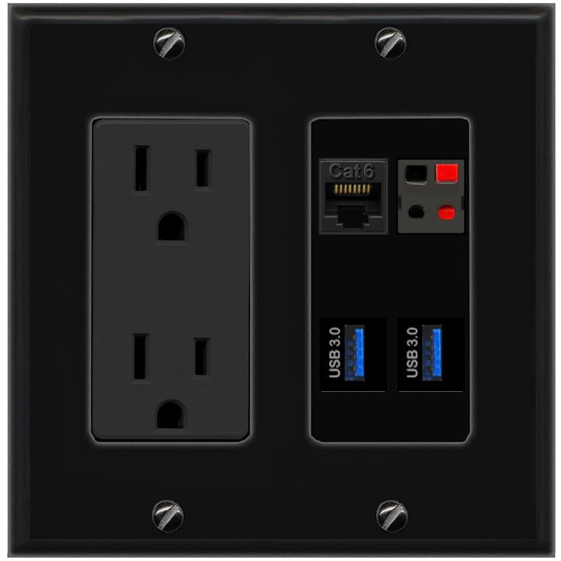 RiteAV CAT6 SPEAKER 2 USB-3 Wall Plate with 15A Power Outlet [Black]