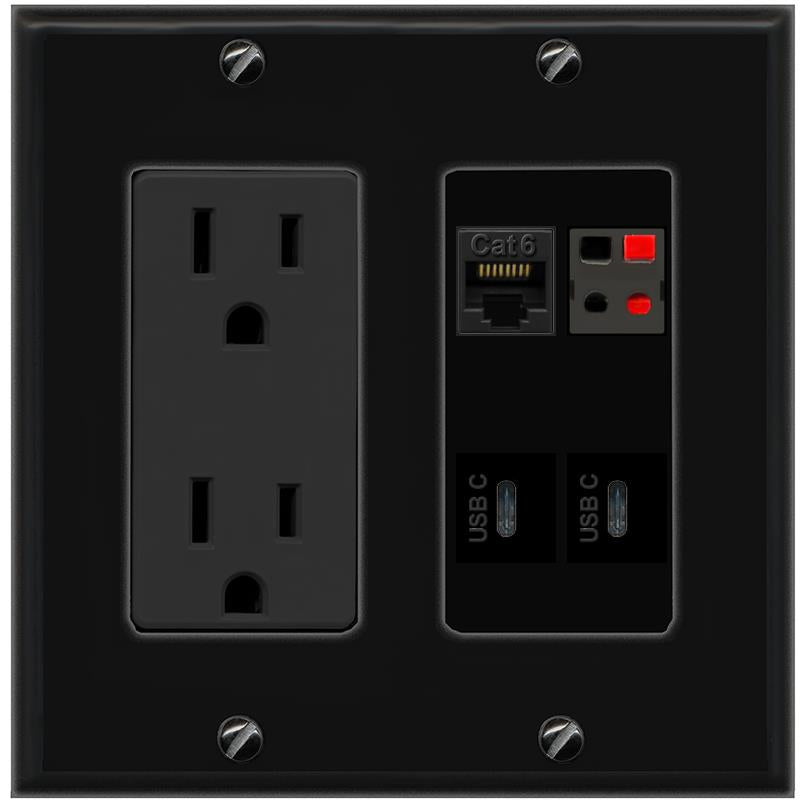RiteAV CAT6 SPEAKER 2 USBC Wall Plate with 15A Power Outlet [Black]