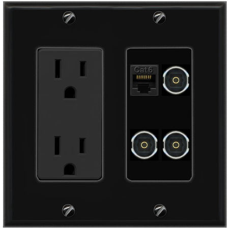 RiteAV CAT6 3 TOSLINK Wall Plate with 15A Power Outlet [Black]
