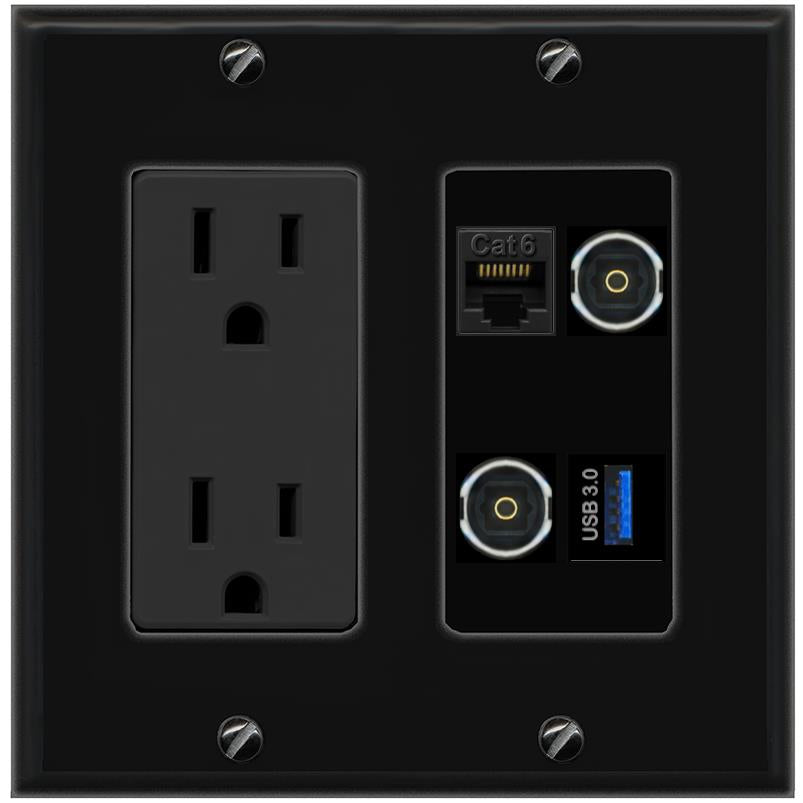 RiteAV CAT6 2 TOSLINK USB-3 Wall Plate with 15A Power Outlet [Black]