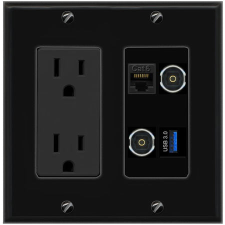 RiteAV CAT6 2 TOSLINK USB-3 Wall Plate with 15A Power Outlet [Black]