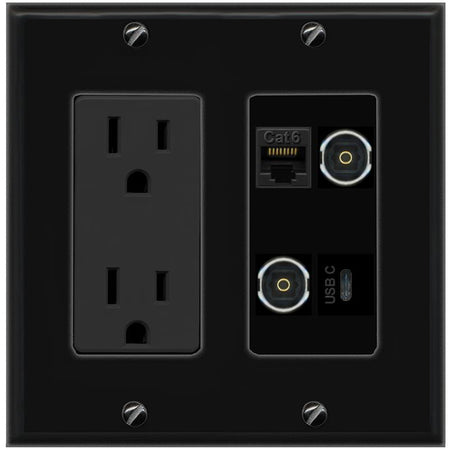 RiteAV CAT6 2 TOSLINK USBC Wall Plate with 15A Power Outlet [Black]