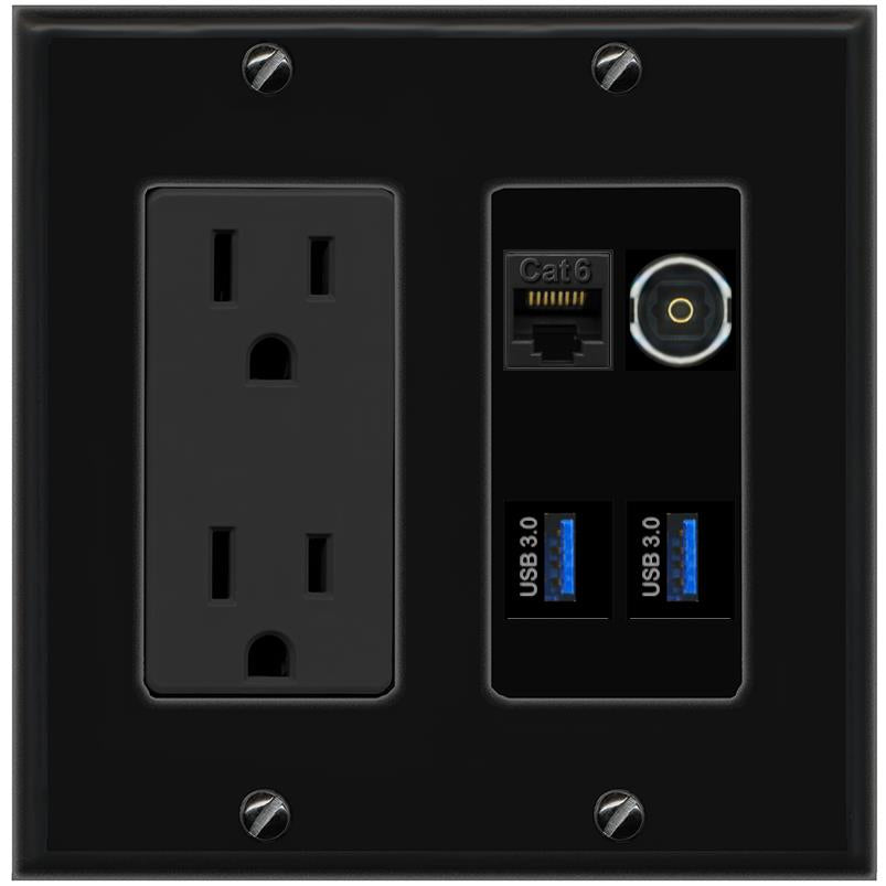 RiteAV CAT6 TOSLINK 2 USB-3 Wall Plate with 15A Power Outlet [Black]