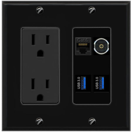 RiteAV CAT6 TOSLINK 2 USB-3 Wall Plate with 15A Power Outlet [Black]
