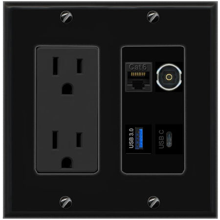 RiteAV CAT6 TOSLINK USB-3 USBC Wall Plate with 15A Power Outlet [Black]