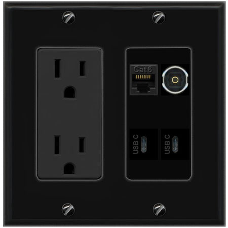 RiteAV CAT6 TOSLINK 2 USBC Wall Plate with 15A Power Outlet [Black]