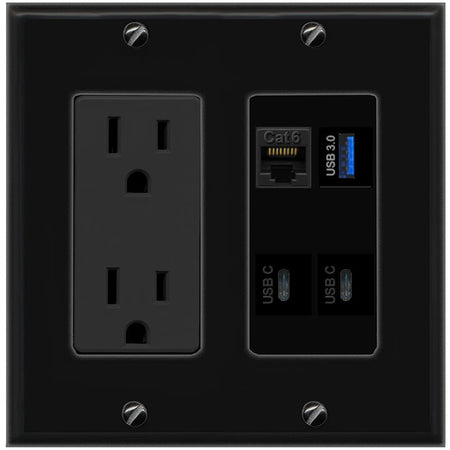 RiteAV CAT6 USB-3 2 USBC Wall Plate with 15A Power Outlet [Black]