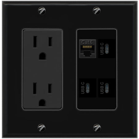 RiteAV CAT6 3 USBC Wall Plate with 15A Power Outlet [Black]
