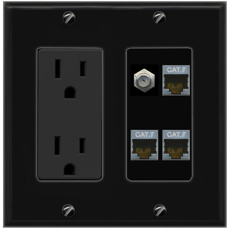 RiteAV 3 CAT7 COAX Wall Plate with 15A Power Outlet [Black]