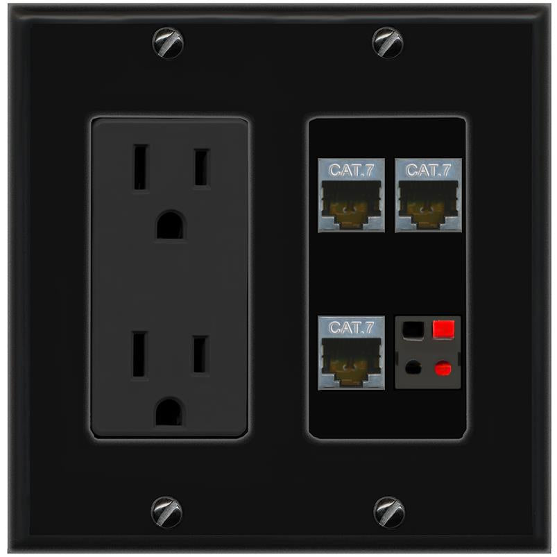 RiteAV 3 CAT7 SPEAKER Wall Plate with 15A Power Outlet [Black]