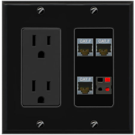 RiteAV 3 CAT7 SPEAKER Wall Plate with 15A Power Outlet [Black]