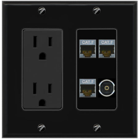 RiteAV 3 CAT7 TOSLINK Wall Plate with 15A Power Outlet [Black]