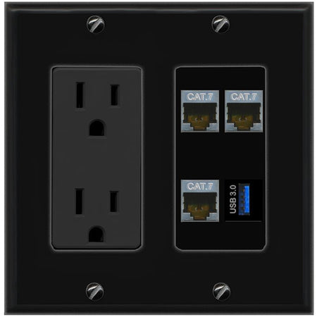 RiteAV 3 CAT7 USB-3 Wall Plate with 15A Power Outlet [Black]